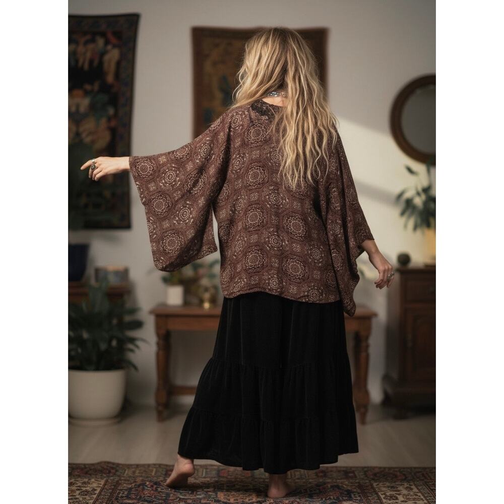 Brown Geometric Silk Kimono Jacket with Front Tie